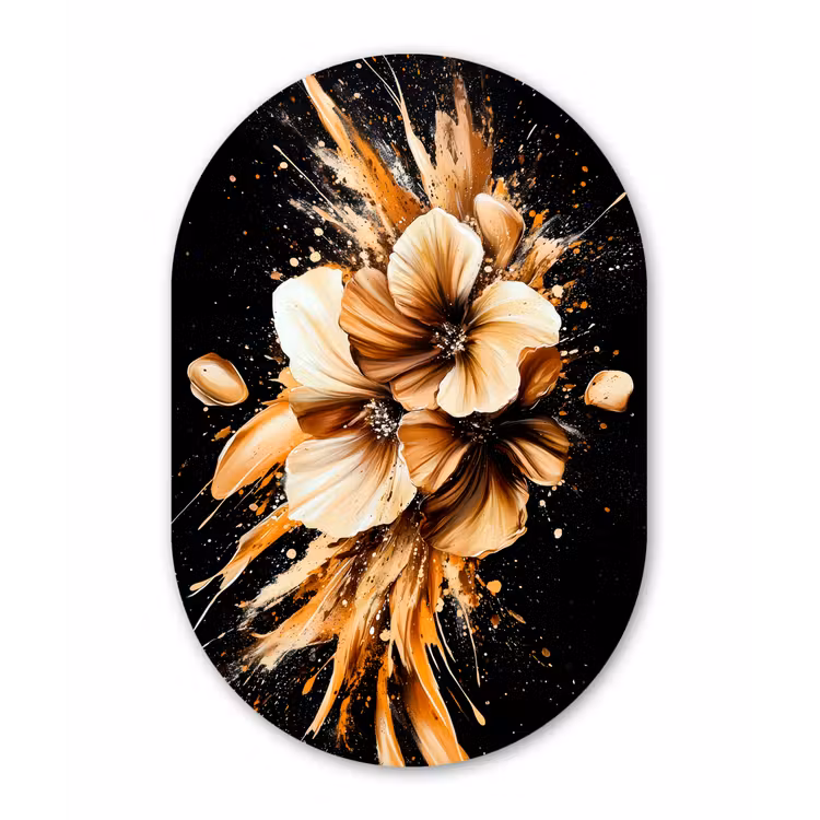 Bloemen - Goud - Graffiti - Zwart - Abstract Wandcirkel Ovaal Aluminium middel -3d