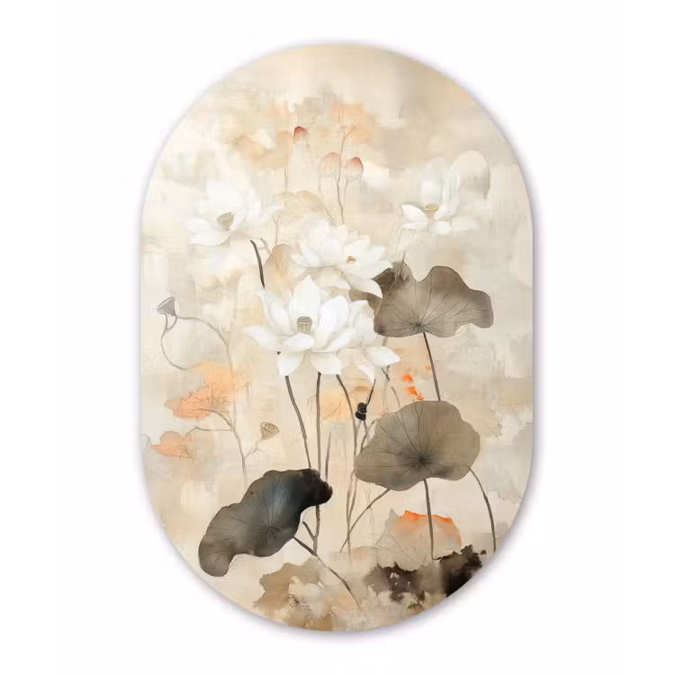 Bloemen - Japandi - Wabi sabi Wandcirkel Ovaal Aluminium middel -3d