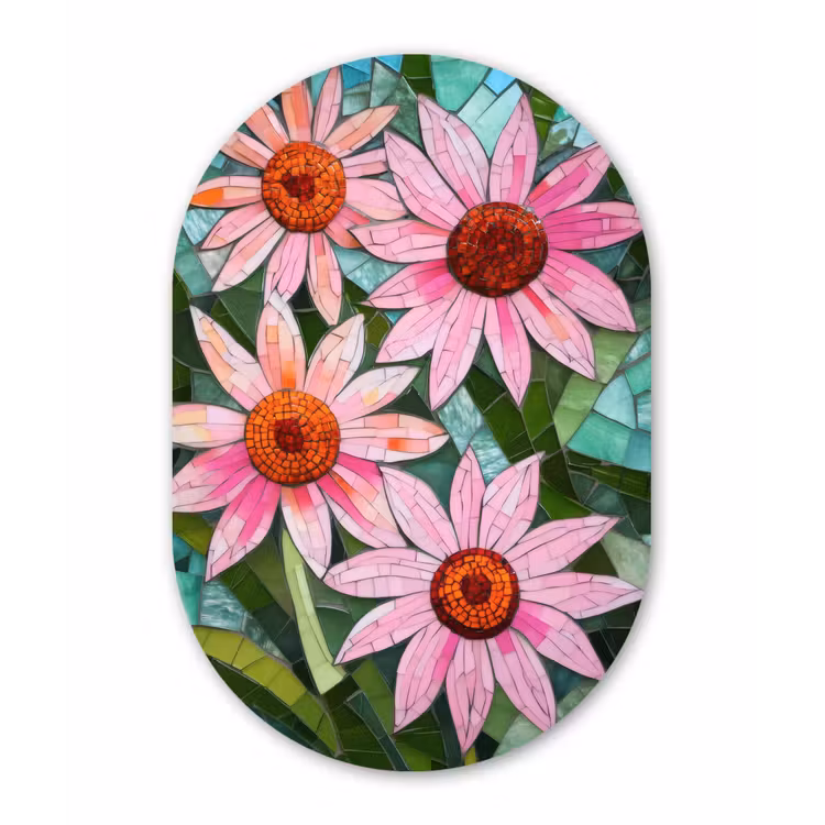 Bloemen - Roze - Glasmozaïek Wandcirkel Ovaal Aluminium middel -3d