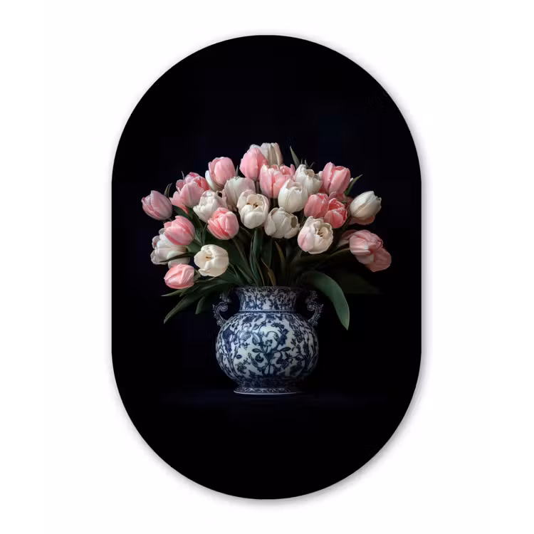 Bloemen - Roze - Tulpen - Vaas Wandcirkel Ovaal Aluminium middel -3d