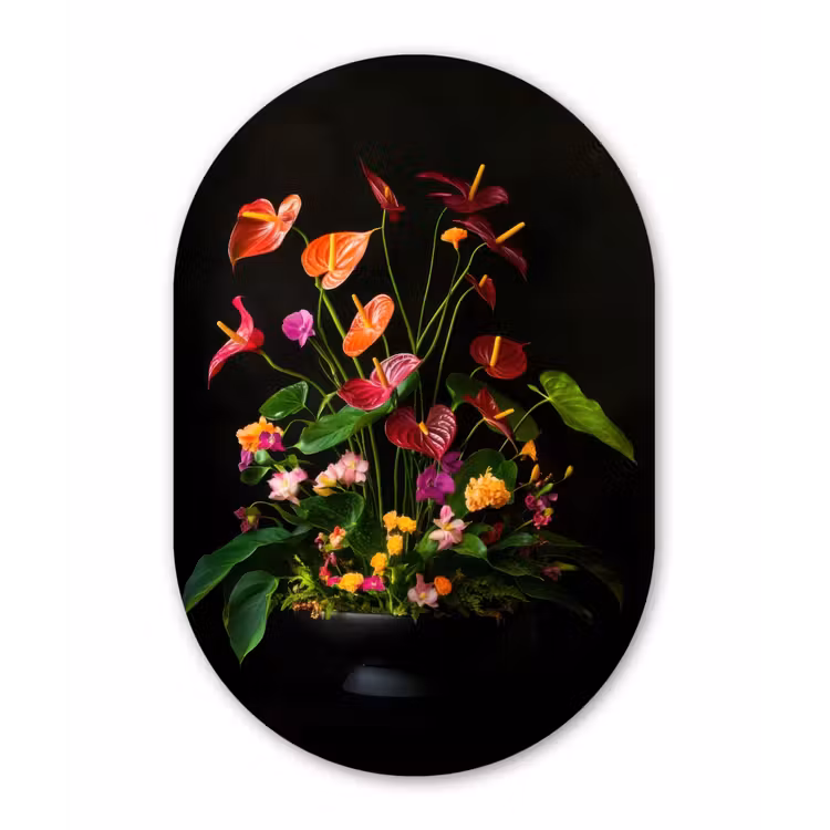 Bloemen - Vaas - Kleurrijk Wandcirkel Ovaal Aluminium middel -3d