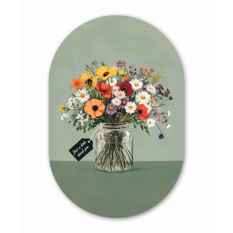 Bloemen - Vaas - Kaartje Wandcirkel Ovaal Aluminium middel -3d