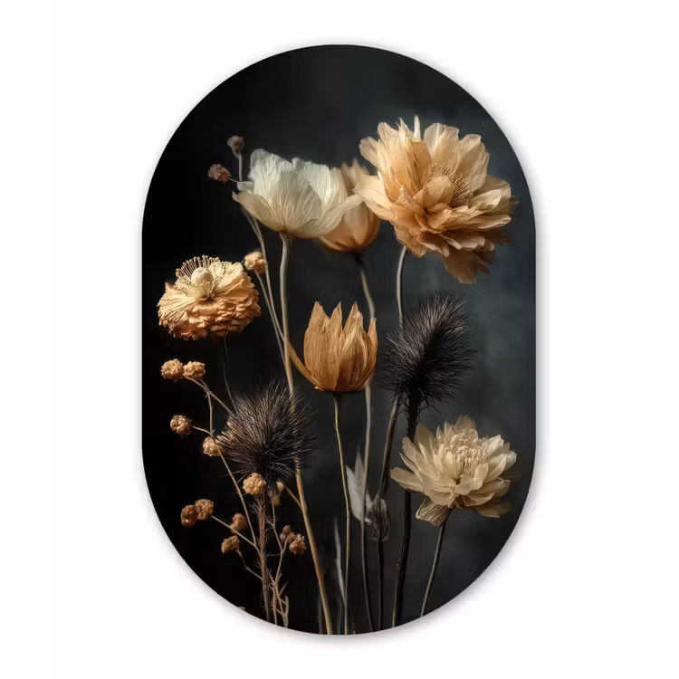 Boeket - Bloemen - Licht - Zwart Wandcirkel Ovaal Aluminium middel -3d