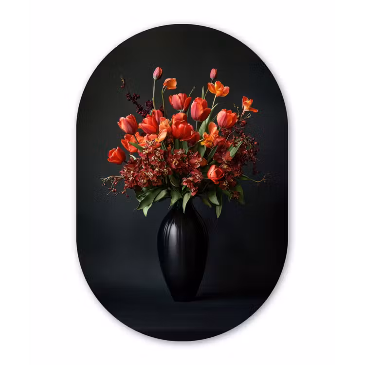 Boeket - Tulpen - Vaas - Rood Wandcirkel Ovaal Aluminium middel -3d