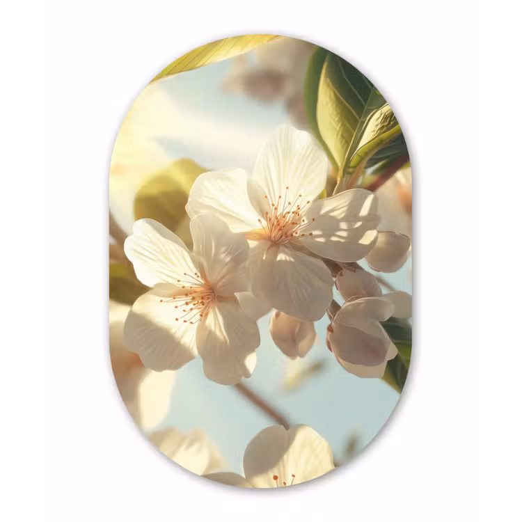 Bloesems - Wit - Zonnestralen - Bloemblaadjes Wandcirkel Ovaal Aluminium middel -3d