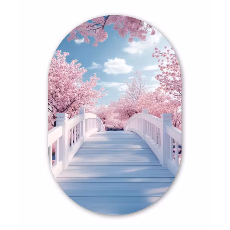 Brug - Kersenbomen - Wit Wandcirkel Ovaal Aluminium middel -3d