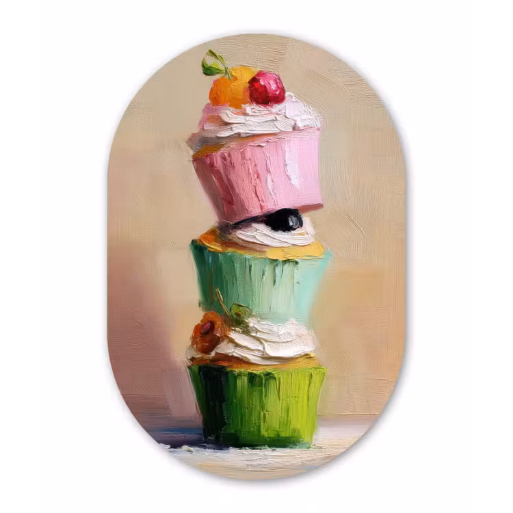 Cupcakes - Gestapeld - Kleurrijk - Fruit Wandcirkel Ovaal Aluminium middel -3d