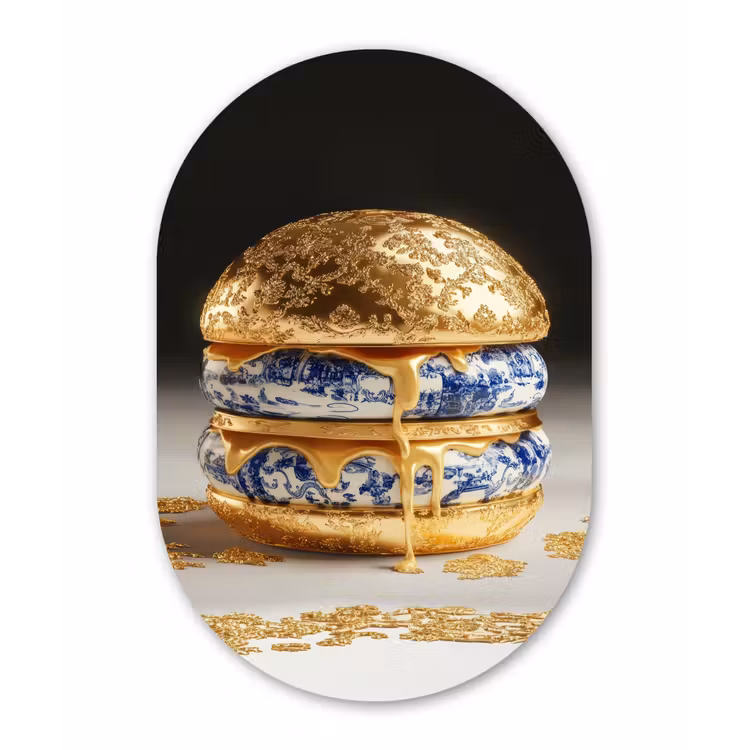 Delftsblauw - Goud - Burger Wandcirkel Ovaal Aluminium middel -3d