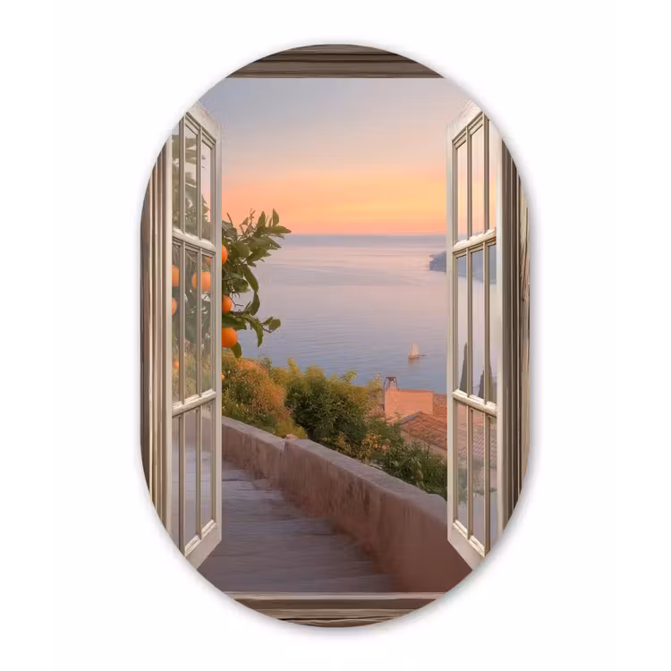 Doorkijk - Uitzicht - Meer - Landschap Wandcirkel Ovaal Aluminium middel -3d