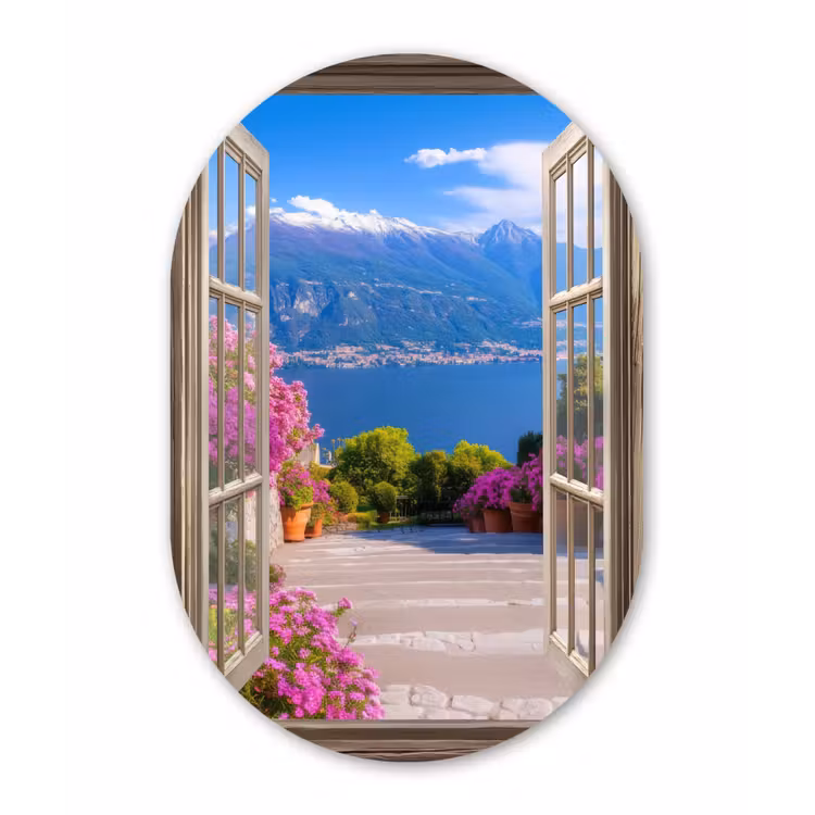 Doorkijk - Berg - Landschap - Uitzicht - Meer Wandcirkel Ovaal Aluminium middel -3d