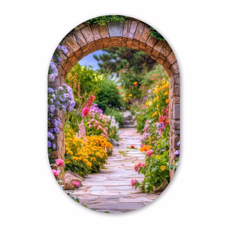 Doorkijk - Bloemen - Pad - Natuur Wandcirkel Ovaal Aluminium middel -3d