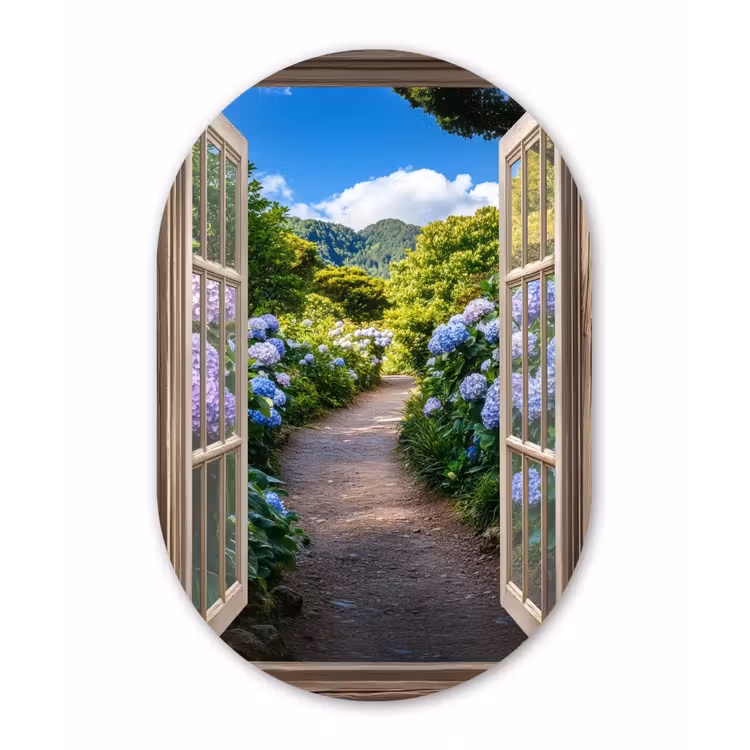 Doorkijk - Hortensia - Pad - Natuur Wandcirkel Ovaal Aluminium middel -3d
