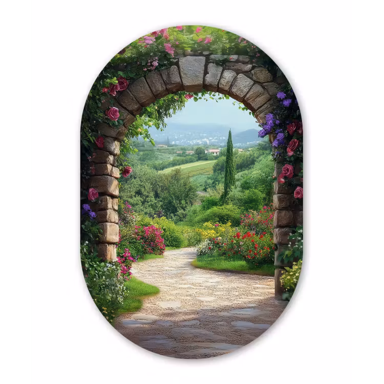 Doorkijk - Landschap - Bloemen - Pad - Uitzicht Wandcirkel Ovaal Aluminium middel -3d