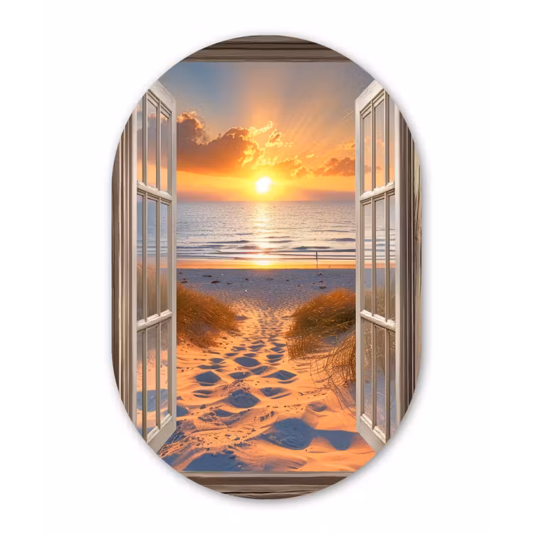 Doorkijk - Strand - Duinen - Zonsondergang Wandcirkel Ovaal Aluminium middel -3d