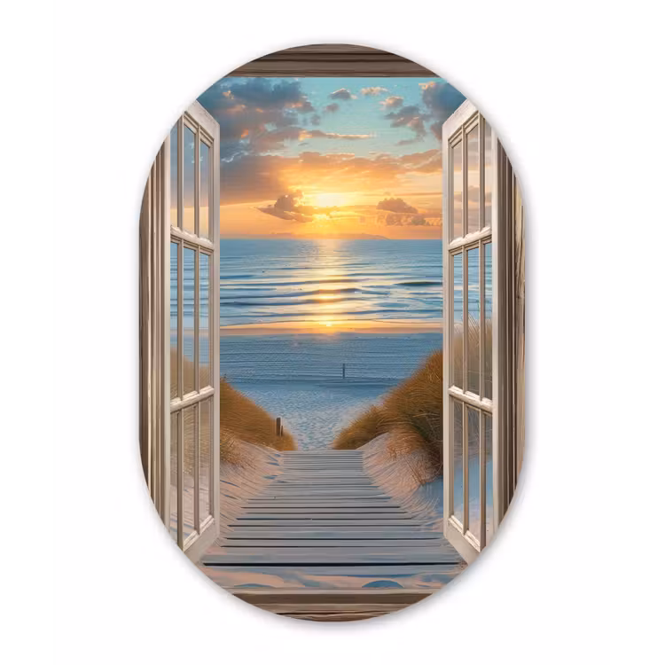 Doorkijk - Strand - Pad - Zonsondergang Wandcirkel Ovaal Aluminium middel -3d
