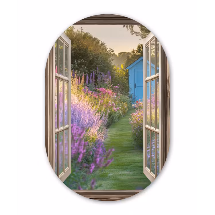Doorkijk - Bloemen - Raam - Natuur Wandcirkel Ovaal Aluminium middel -3d