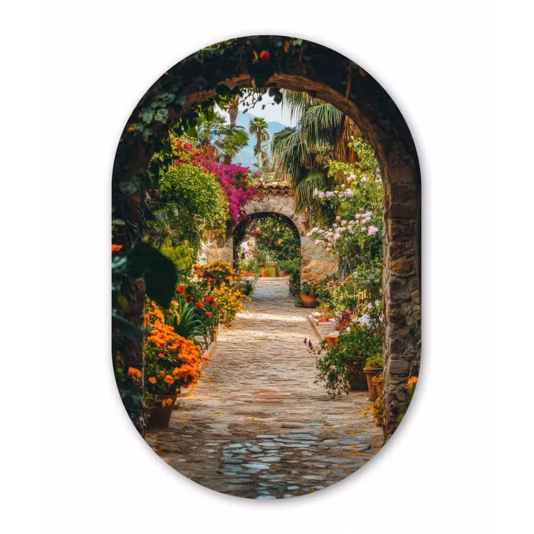 Doorkijk - Bloemen - Poort - Stenen Wandcirkel Ovaal Aluminium middel -3d