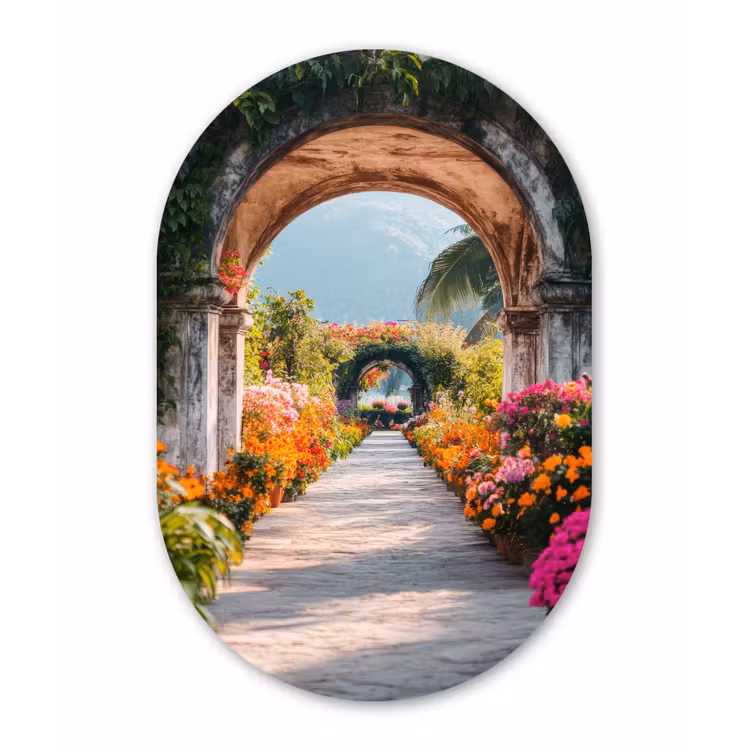 Doorkijk - Bloemen - Tropisch - Kleurrijk Wandcirkel Ovaal Aluminium middel -3d