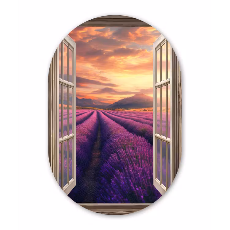 Doorkijk - Lavendel - Landschap - Bloemen - Paars Wandcirkel Ovaal Aluminium middel -3d