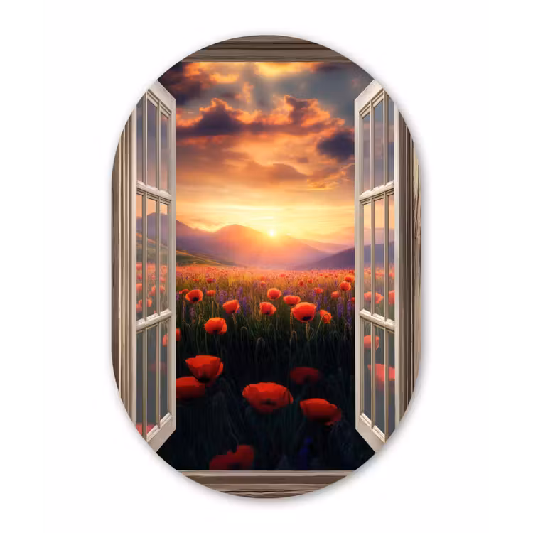 Doorkijk - Klaprozen - Bloemen - Rood - Open raam Wandcirkel Ovaal Aluminium middel -3d