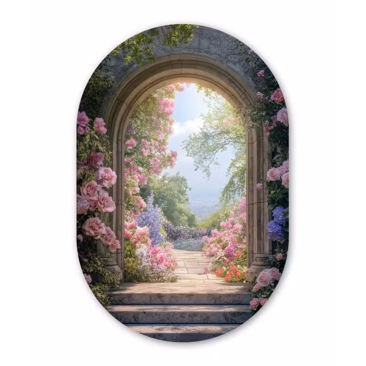 Doorkijk - Rozen - Vintage - Bloemen Wandcirkel Ovaal Aluminium middel -3d