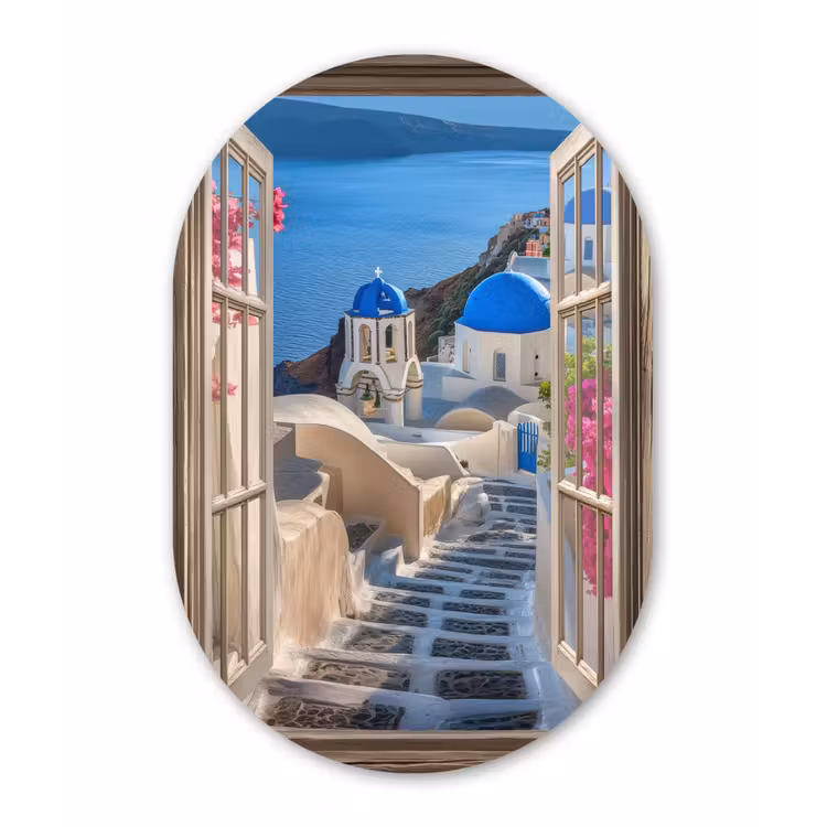 Doorkijk - Santorini - Landschap - Blauw - Grieks Wandcirkel Ovaal Aluminium middel -3d