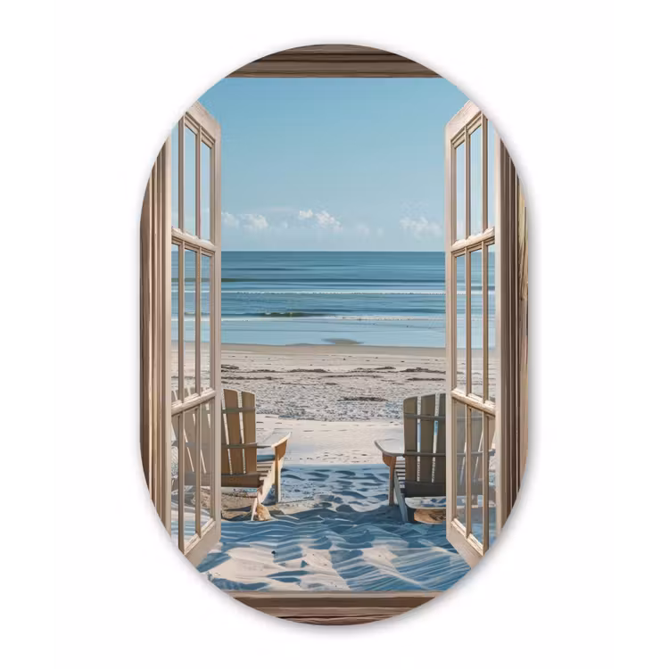 Doorkijk - Strandstoelen - Duinen - Zee - Natuur Wandcirkel Ovaal Aluminium middel -3d