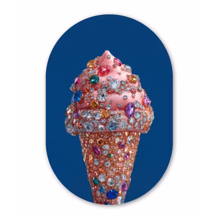 Ijsje - Hoorntje - Steentjes - Blauw Wandcirkel Ovaal Aluminium middel -3d