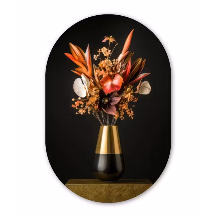 Exotisch - Boeket - Vaas - Goud Wandcirkel Ovaal Aluminium middel -3d