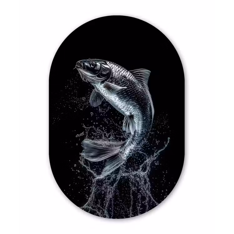 Vis - Koi - Zwart - Water Wandcirkel Ovaal Aluminium middel -3d