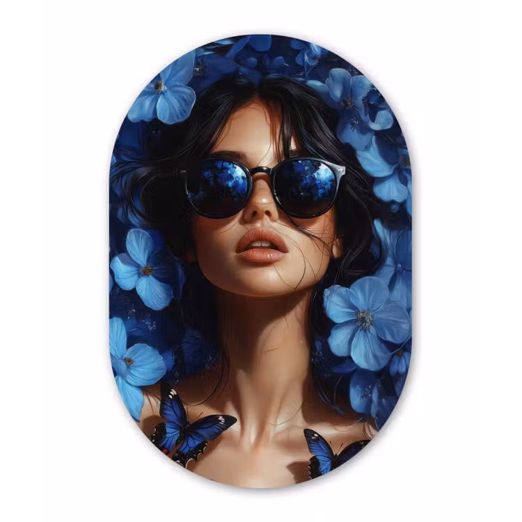 Vrouw - Blauw - Bloemen - Vlinders - Natuur Wandcirkel Ovaal Aluminium middel -3d