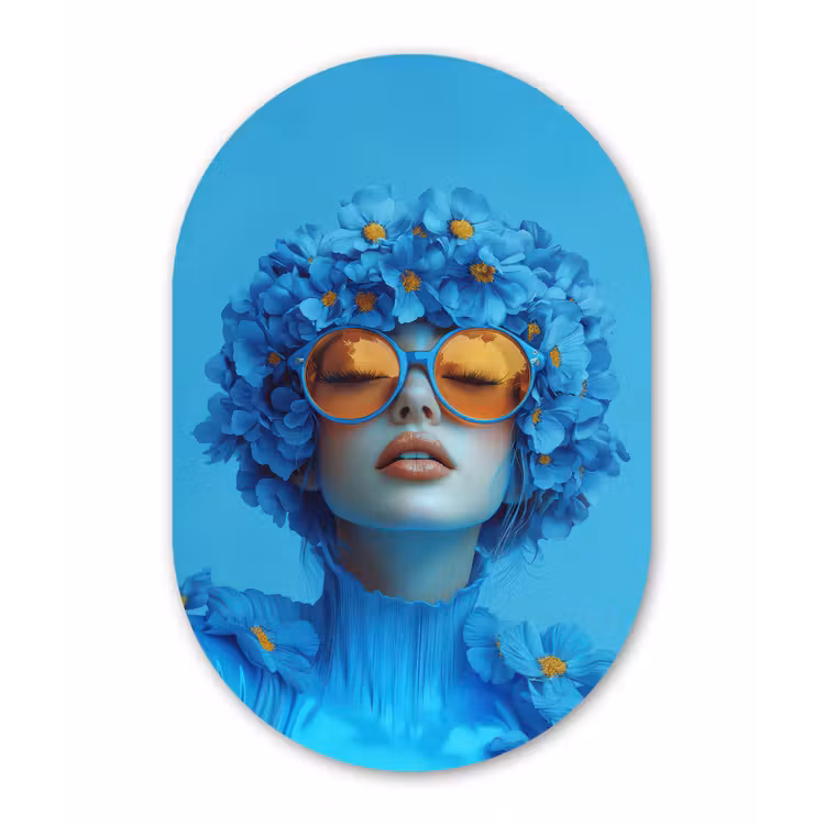 Vrouw - Bloem - Blauw - Modern - Bril - Portret Wandcirkel Ovaal Aluminium middel -3d