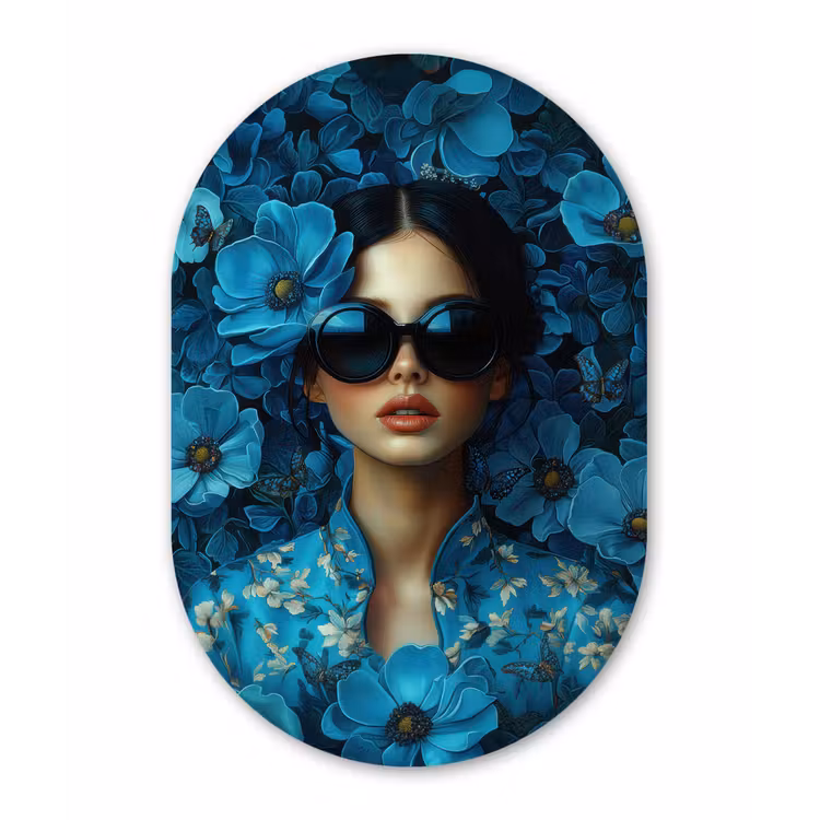 Vrouw - Bloemen - Blauw - Aesthetic - Luxe Wandcirkel Ovaal Aluminium middel -3d