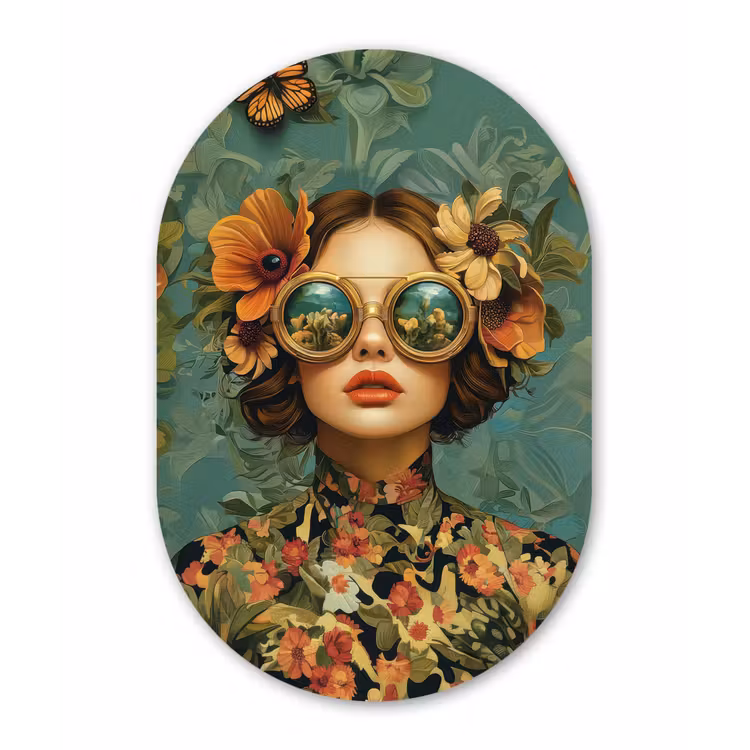 Vrouw - Bloemen - Vlinders - Natuur - Vintage Wandcirkel Ovaal Aluminium middel -3d