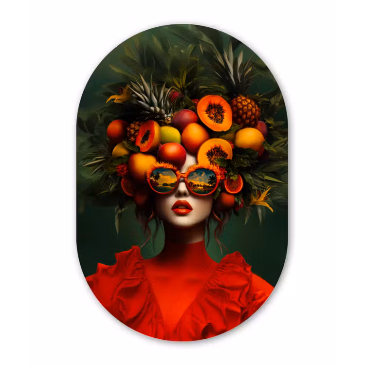 Vrouw - Vruchten - Papaja - Ananas Wandcirkel Ovaal Aluminium middel -3d