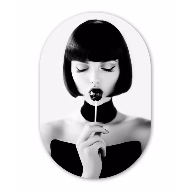 Vrouw - Lolly - Zwart - Wit Wandcirkel Ovaal Aluminium middel -3d
