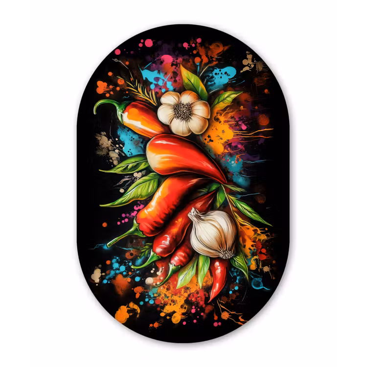 Groente - Peper - Knoflook - Graffiti - Verf - Kleurrijk Wandcirkel Ovaal Aluminium middel -3d