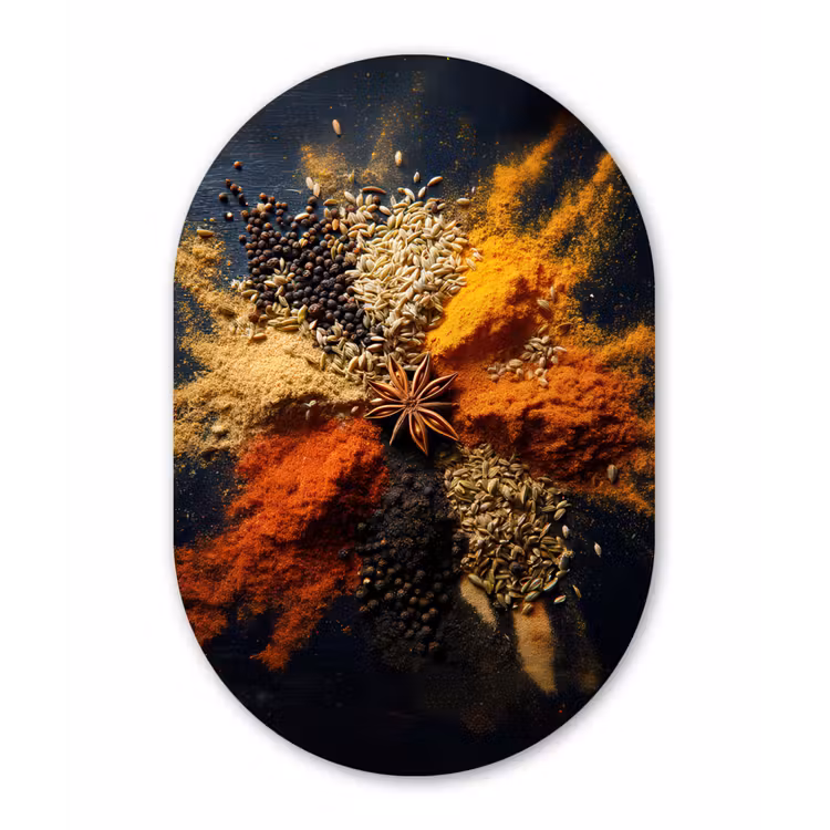 Specerijen - Explosie - Oranje Wandcirkel Ovaal Aluminium middel -3d