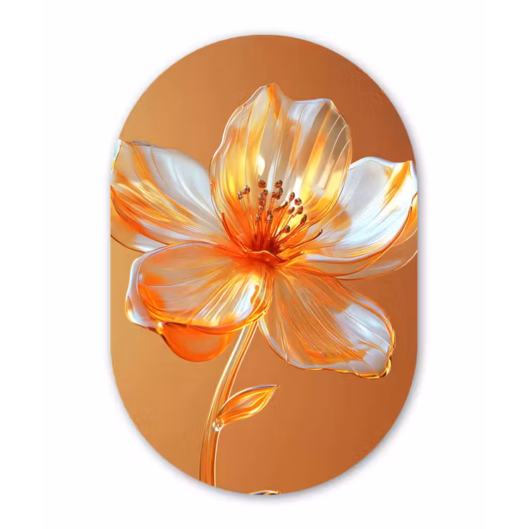 Glazen - Bloem - Oranje Wandcirkel Ovaal Aluminium middel -3d