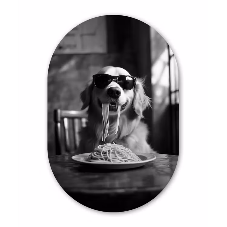 Golden Retriever - Hond - Vrolijk - Bord spaghetti - Zwart - wit Wandcirkel Ovaal Aluminium middel -3d