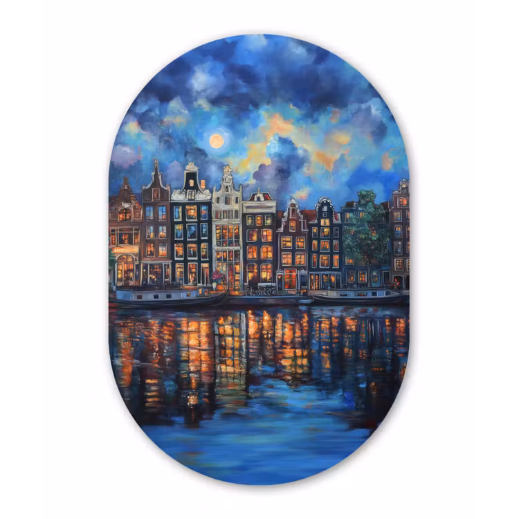 Grachten Amsterdam - Huizen - Stad - Kleurrijk Wandcirkel Ovaal Aluminium middel -3d