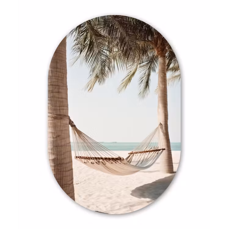 Hangmat - Palmbomen - Strand - Zee Wandcirkel Ovaal Aluminium middel -3d