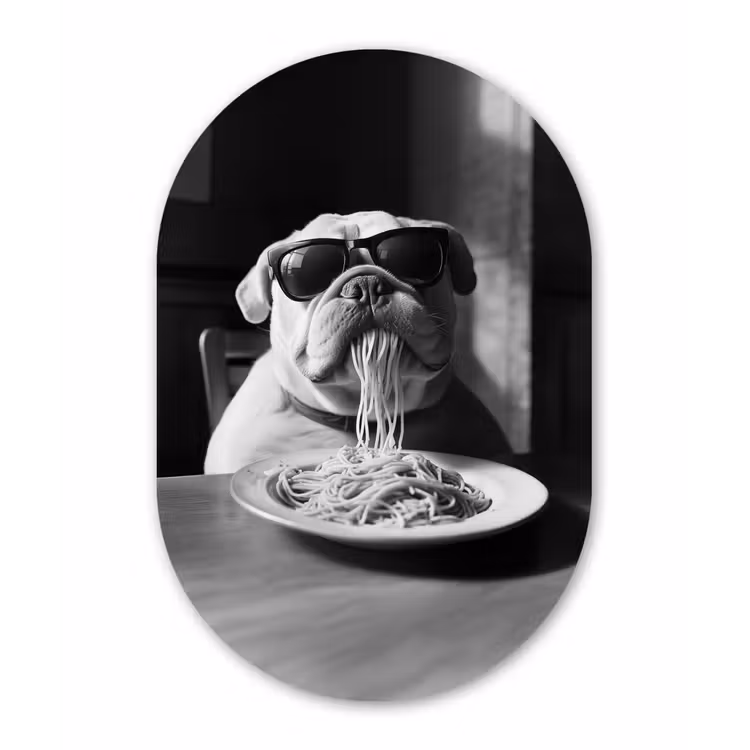 Hond - Bulldog - Pasta - Bril - Stoer - Dieren Wandcirkel Ovaal Aluminium middel -3d