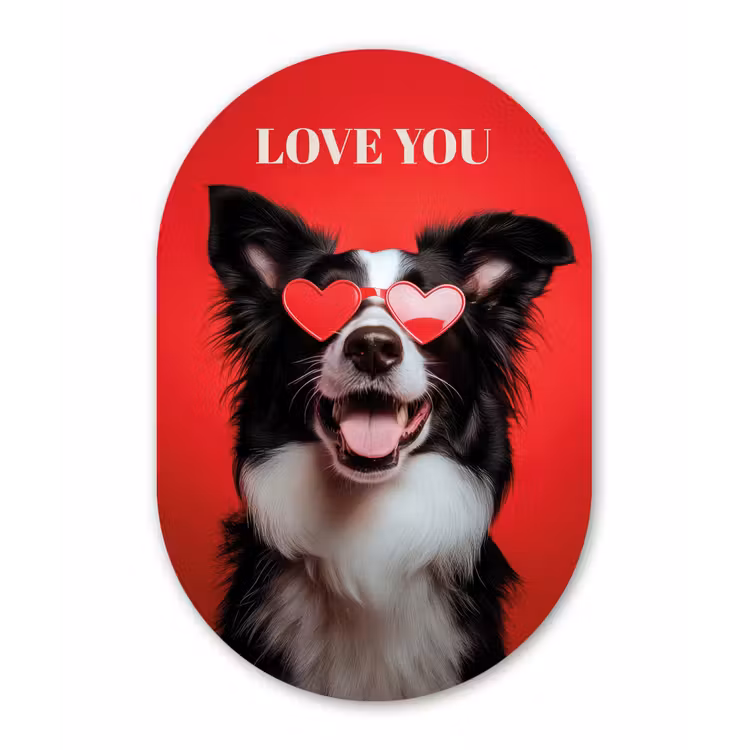 Hond - Hartjesbril - Loveyou - Rood Wandcirkel Ovaal Aluminium middel -3d