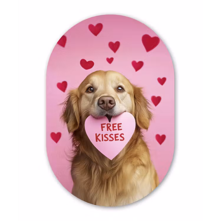 Hond - Kiss- Valentijn - Hartjes Wandcirkel Ovaal Aluminium middel -3d
