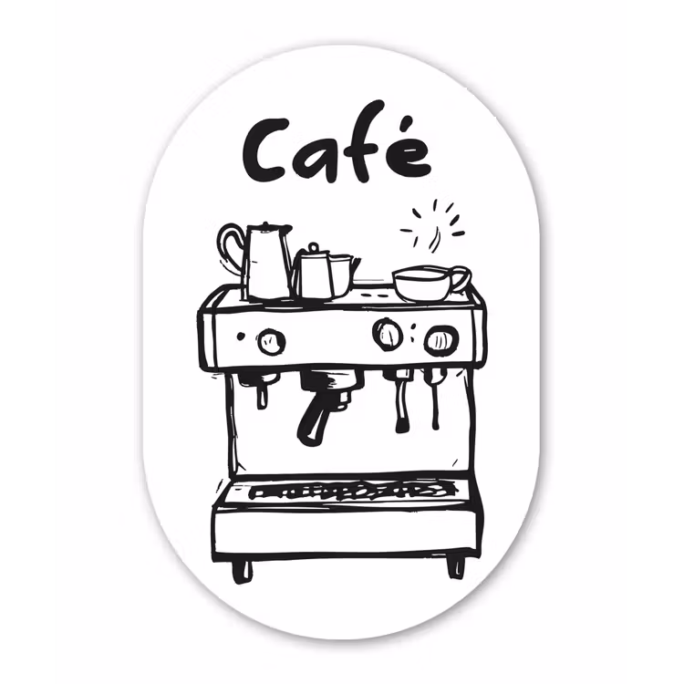 Illustratie - Café - Koffiemachine - Kopjes Wandcirkel Ovaal Aluminium middel -3d