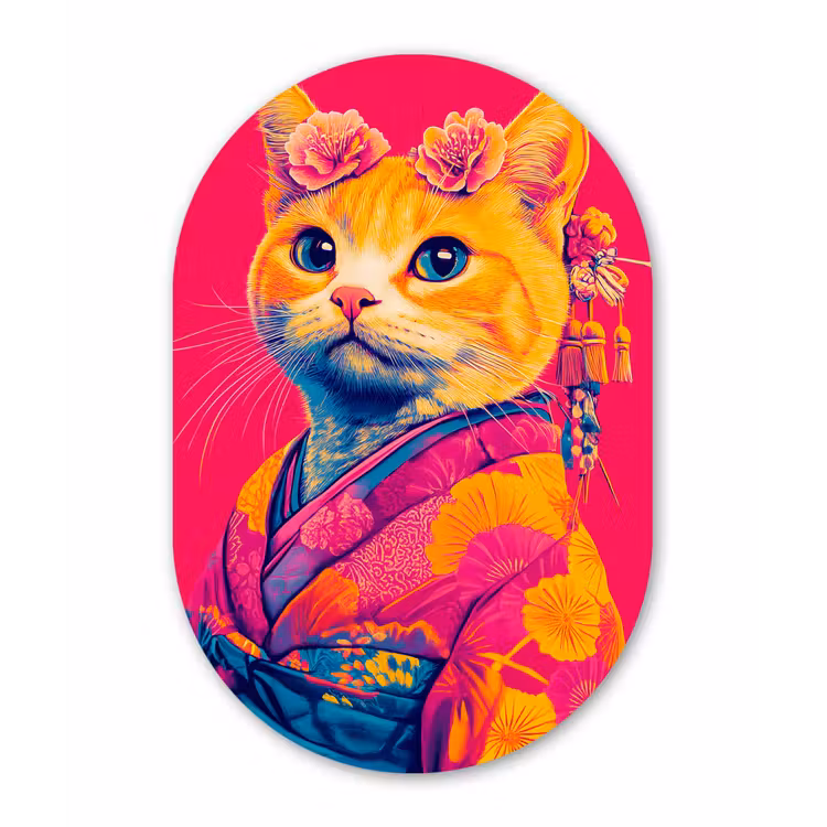 Kat - Kimono - Bloemen - Roze Wandcirkel Ovaal Aluminium middel -3d