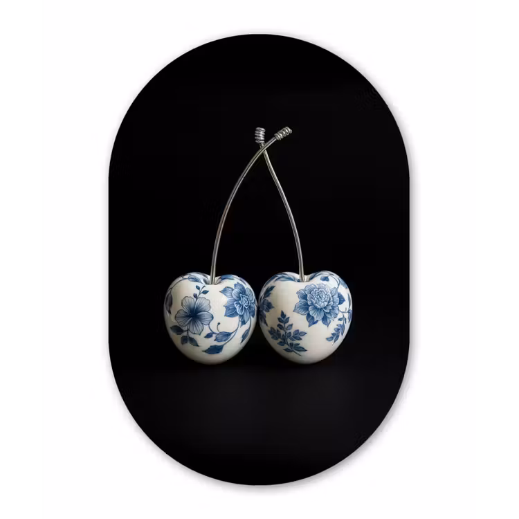 Kersen - Delfts blauw - Fruit Wandcirkel Ovaal Aluminium middel -3d