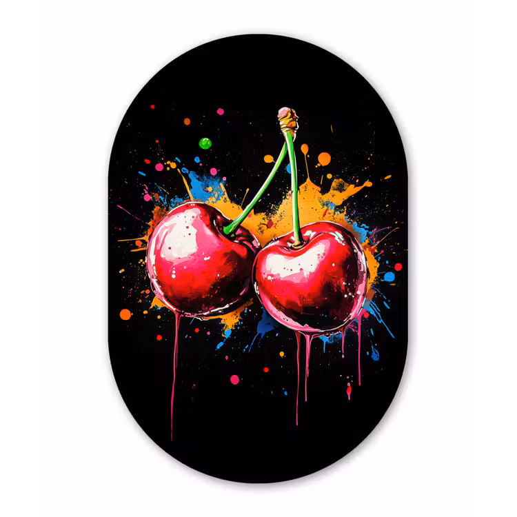 Kersen - Fruit - Graffiti - Verf - Abstract - Modern - Kleurrijk Wandcirkel Ovaal Aluminium middel -3d