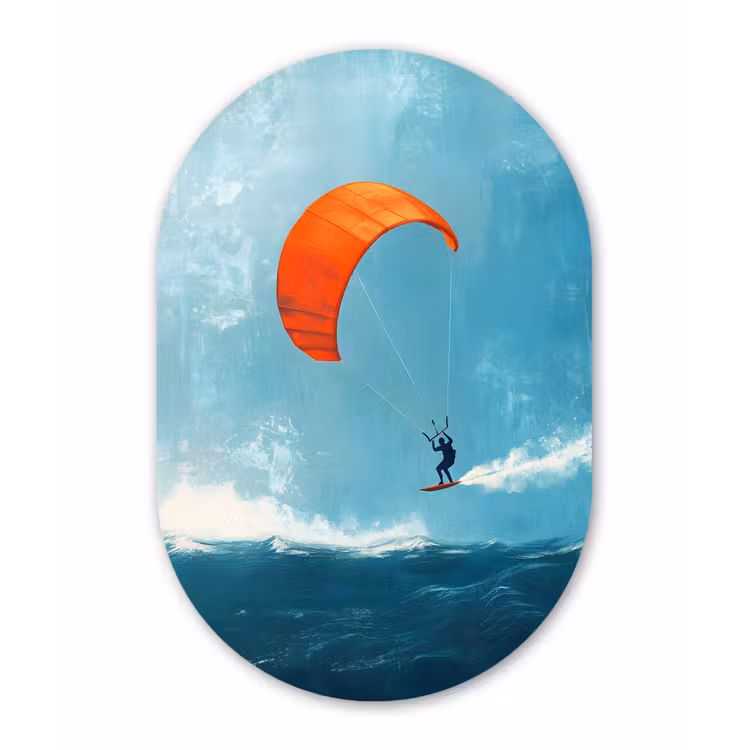 Kitesurfer - Oranje - Zee - Lucht Wandcirkel Ovaal Aluminium middel -3d